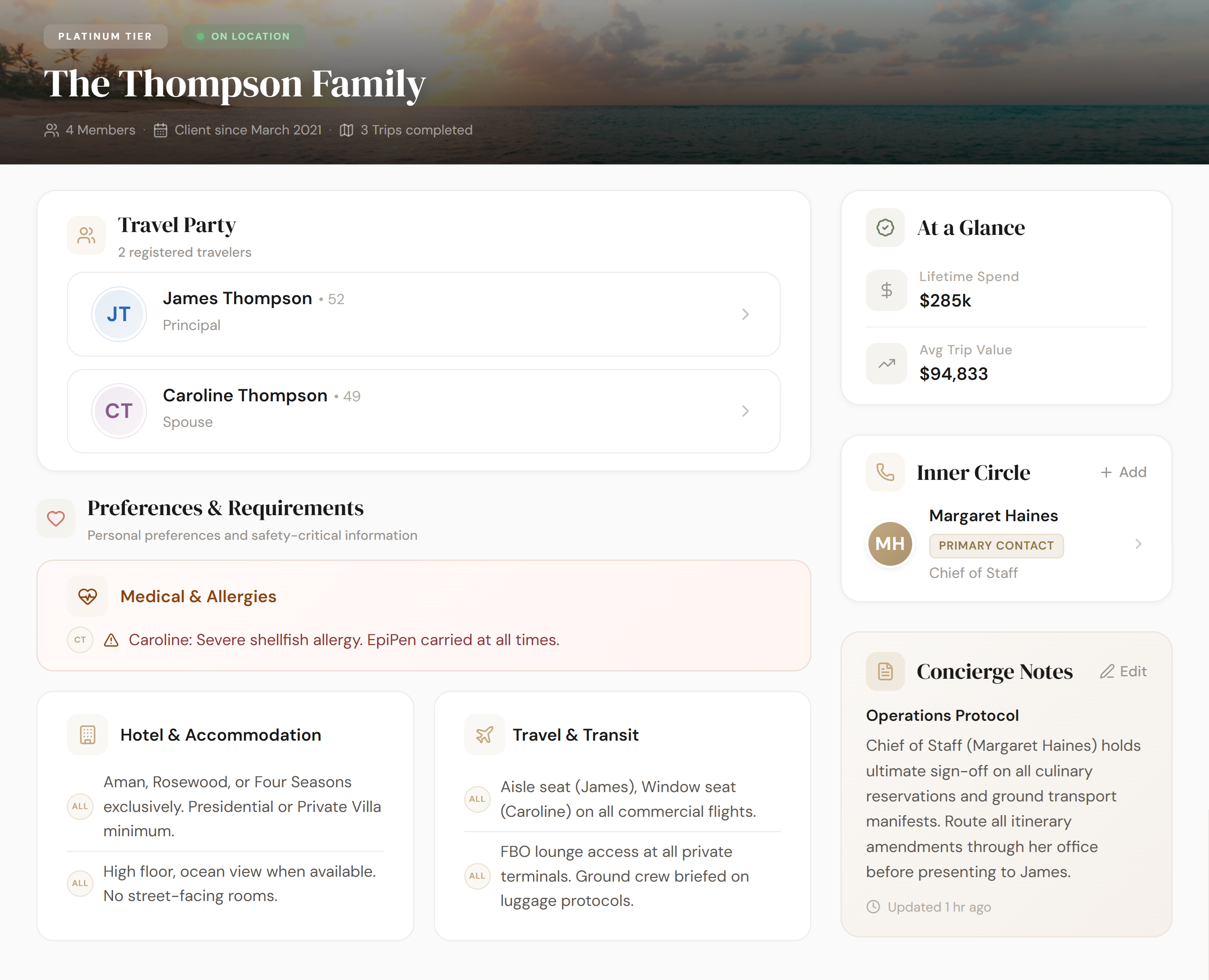 Agency intelligence dashboard for client preferences, messages, and knowledge base entries
